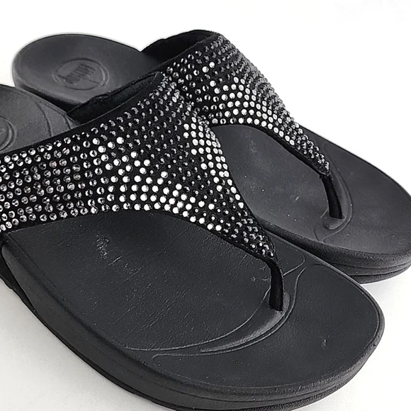 Fitflop Women's Lulu Black Popstud Toe-Post Shiny Metal Studs Sandals Size 7 - Picture 3 of 16